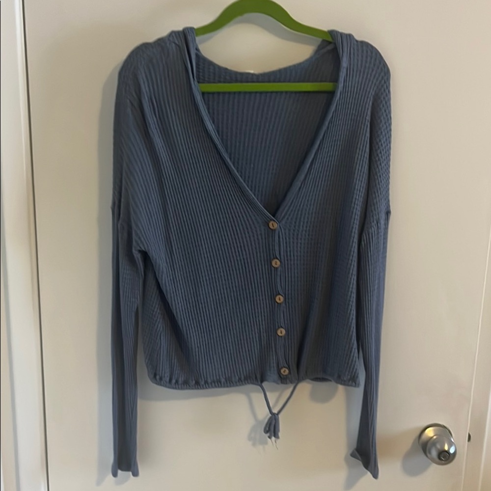 Blue Button-Up Ribbed Cardigan